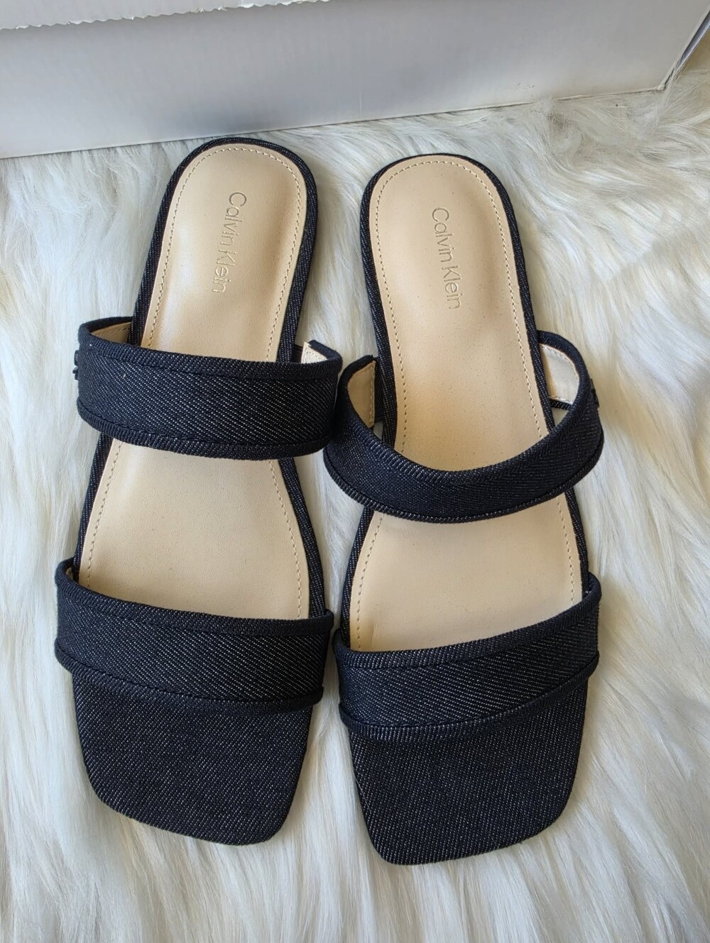 Calvin Klein Women's Felisa Double Band Slip-on Flat Sandals-Dark Blue Denim 7M